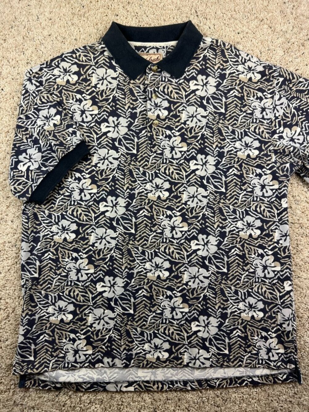 Woolrich Floral Polo Shirt Gray Ivory Hawai’i Men’s Large Short Sleeve Flowers